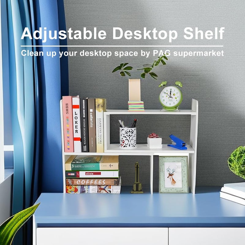 PAG Desk Organizer Desktop Shelf Adjustable Countertop Bookshelf Small Table Shelves Book Organizer Office Organization for Desk, White - Image 4